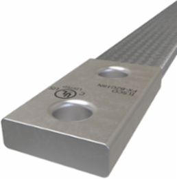 Copper Flex Braid Connector, Conductor Equivalent Size 600, 2 Braids, 18in, 2 Holes, 1/2in Bolt Size, 1-3/4in Hole Spacing, Tin Plated, UL/cUL