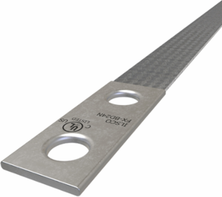 Copper Flex Braid Connector, Conductor Equivalent Size 1, 1 Braid, 24in, 2 Holes, 1/2in Bolt Size, 1-3/4in Hole Spacing, Tin Plated, UL/cUL