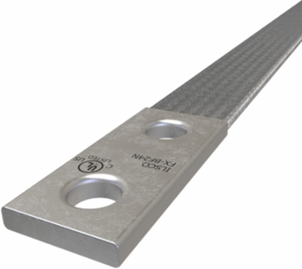 Copper Flex Braid Connector, Conductor Equivalent Size 4/0, 1 Braid, 24in, 2 Holes, 1/2in Bolt Size, 1-3/4in Hole Spacing, Tin Plated, UL/cUL