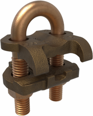 Permaground Copper U-Bolt Ground Clamp, Conductor Range 2/0-4 Sol, Pipe Size 1/4in, Ground Rod Size 1/2in, Rebar Size #4, UL, CSA