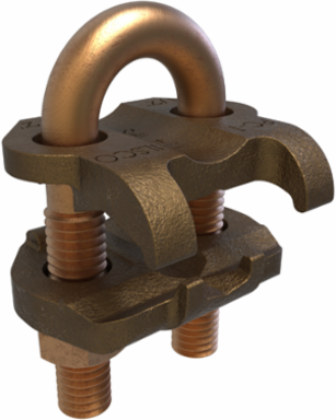 Permaground Copper U-Bolt Ground Clamp, Conductor Range 250-2/0 Sol, Pipe Size 1/4in, Ground Rod Size 1/2in, Rebar Size #4, UL, CSA