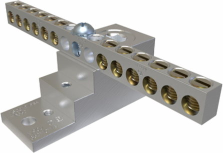 Aluminum Neutral Bar, Dual Rated, Main Conductor Range 350-6, Tap Range 4-14, 12 Tap Ports, 2 Holes, #10-32 Bolt, Tin Plated, UL, CSA