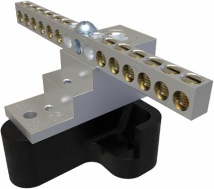 Aluminum Neutral Bar, Dual Rated, Main Conductor Range 350-6, Tap Range 4-14, 12 Tap Ports, 2 Holes, #10-32 Bolt, Tin Plated, UL, CSA, Includes R-16 Mounting Block