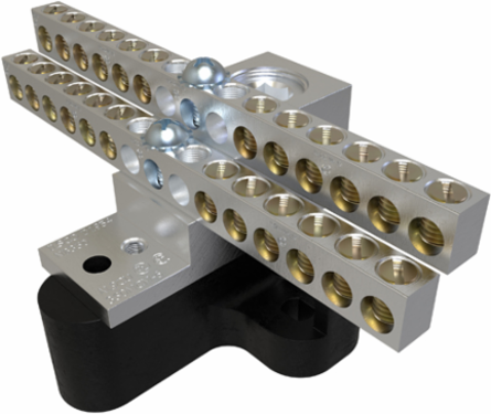 Aluminum Neutral Bar, Dual Rated, Main Conductor Range 350-6, Tap Range 4-14, 24 Tap Ports, 2 Holes, #10-32 Bolt, Tin Plated, UL, CSA, Includes R-16 Mounting Block
