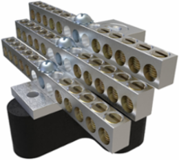 Aluminum Neutral Bar, Dual Rated, Main Conductor Range 350-6, Tap Range 4-14, 30 Tap Ports, 2 Holes, #10-32 Bolt, Tin Plated, UL, CSA, Includes R-16 Mounting Block