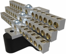 Aluminum Neutral Bar, Dual Rated, Main Conductor Range 350-6, Tap Range 4-14, 36 Tap Ports, 2 Holes, #10-32 Bolt, Tin Plated, UL, CSA, Includes R-16 Mounting Block