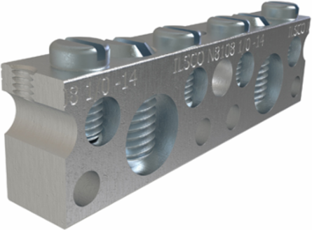 Aluminum Neutral Bar, Dual Rated, Large Conductor Range 1/0-14, Small Range 6-14, 2 Large Ports, 4 Small Ports, 1 Hole, #10 Bolt, UL, CSA