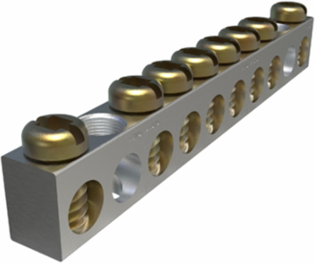 Aluminum Neutral Bar, Dual Rated, Conductor Range 4-14, 8 Ports, 2 Holes, #10 Bolt, Headed Slot Drive, UL, CSA