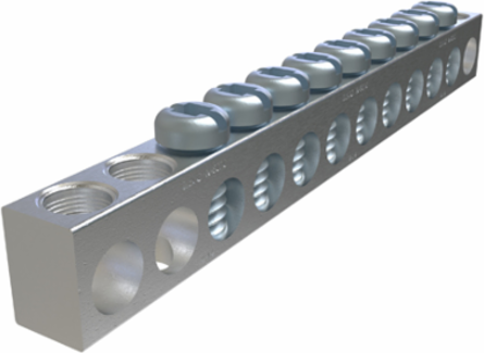 Aluminum Neutral Bar, Dual Rated, Conductor Range 4-14, 9 Ports, 2 Holes, #10 Bolt, Headed Slot Drive, UL, CSA
