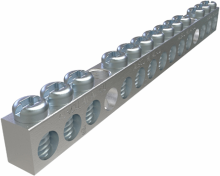 Aluminum Neutral Bar, Dual Rated, Conductor Range 4-14, 13 Ports, 2 Holes, #10 Bolt, Headed Slot Drive, UL, CSA