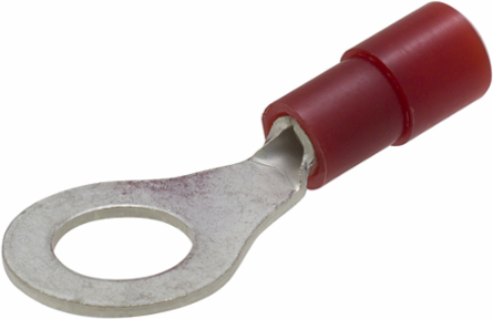 ILSCON Ring Terminal, Conductor Range 18-22, 1/4in Bolt Size, Nylon Insulated, Red Color Code, Pack of 50