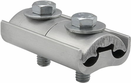 Aluminum Parallel Groove Clamp, Dual Rated, Double Clamp, Conductor Range 4/0-2, 3/8in Steel Bolt