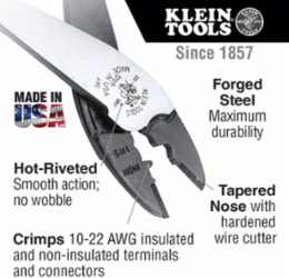 Crimping and Cutting Tool, 10-22 AWG Capacity, 9.6 Inch Length