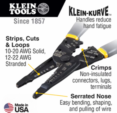 Klein-Kurve Long-Nose Wire Stripper, Cutter, Crimper 10-20 AWG Solid, 12-22 AWG Stranded