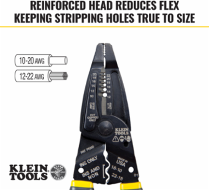 Klein-Kurve Long-Nose Wire Stripper, Cutter, Crimper 10-20 AWG Solid, 12-22 AWG Stranded
