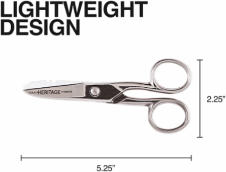 Serrated Electrician Scissors - 5.25 Inch Overall Length, Nickel Plated, Wire Stripping Notches for 19 & 23 Gauge