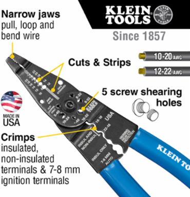 Long Nose Multi Tool Wire Stripper, Cutter & Crimper, 10-20 AWG, 12-22 AWG Stranded
