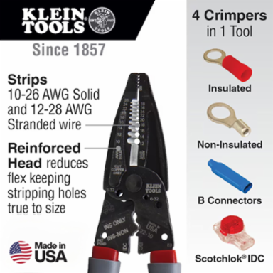Wire Stripper Multi Tool 7.75 Inch Overall Length, Strips 10-26 AWG Solid, Crimps 10-22 AWG