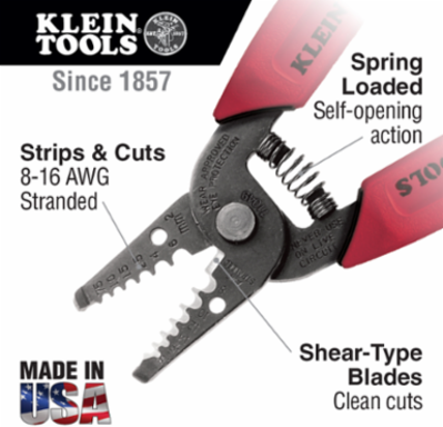 Wire Stripper/Cutter 8-16 AWG, 6.25 Inch Length, Red Handles