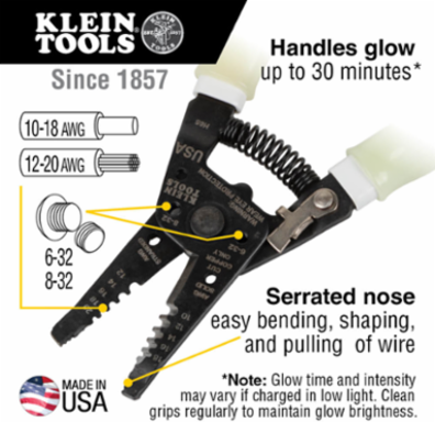 High-Visibility Klein-Kurve Wire Stripper / Cutter 10-18 AWG, Glow in the Dark Grips