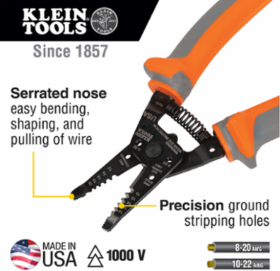 Insulated Wire Stripper/Cutter, 1000V Rated, 7.7 Inch Length, Cuts 10-18 AWG