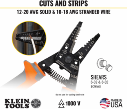 Insulated Wire Stripper/Cutter, 1000V Rated, 7.7 Inch Length, Cuts 10-18 AWG