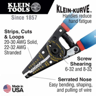 Klein-Kurve® Wire Stripper & Cutter, 20-30 AWG Solid, Steel, 7.5 Inch Length