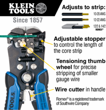 Self-Adjusting Wire Stripper and Cutter, Strips 10-20 AWG Solid, Cuts Romex®