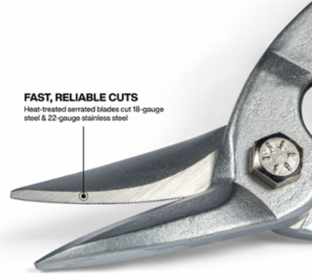 Left-Cutting Aviation Snips, 1.5 Inch Blade, Cuts 18 Gauge Steel, Serrated Blades