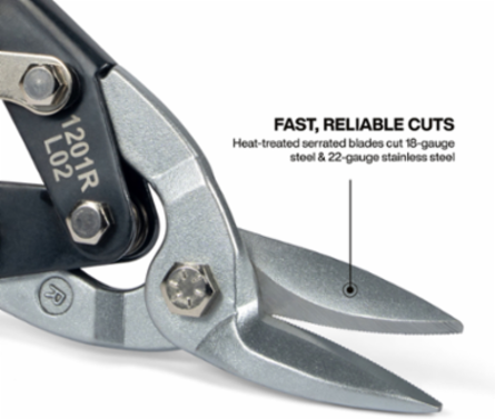 Right-Cutting Aviation Snips, 10.06 Inch Length, Cuts 18 Gauge Steel, Serrated Edge