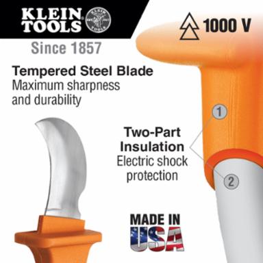 Lineman's Insulated Skinning Knife, 2.375 Inch Blade, 1095 Steel, VDE Certified