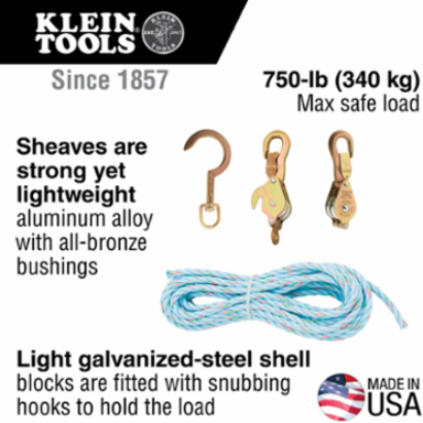 Block and Tackle with 3/8 Inch Rope, 750 lb Max Load, Galvanized-Steel Shell