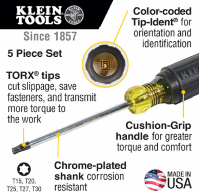 TORX® Screwdriver Set, 5-Piece; Cushion-Grip Handles, 9 Inch Length