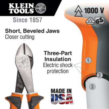 Insulated Diagonal Cutting Pliers, 8 Inch, High-Leverage, VDE Certified