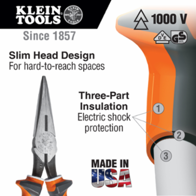Insulated Long Nose Side Cutter Pliers 8 Inch, 1000V Rated, Induction Hardened Steel