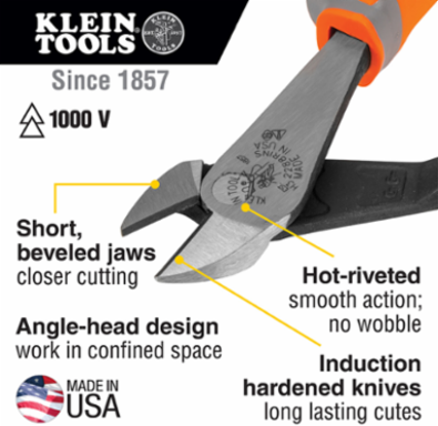 Insulated Diagonal Cutting Pliers, 8 Inch, High Leverage, 1000V Rated