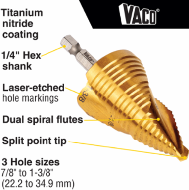 Step Bit Kit 4-Piece, Sizes 1/8 to 1-3/8 Inch, Titanium Nitride Coated