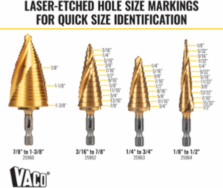 Step Bit Kit 4-Piece, Sizes 1/8 to 1-3/8 Inch, Titanium Nitride Coated