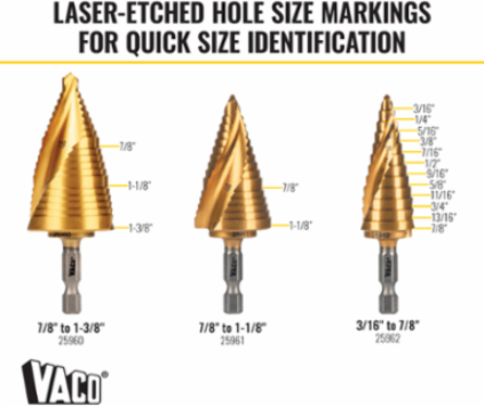 Step Bit Kit, 3-Piece, 1/4-Inch Hex, Titanium Nitride Coating, Multi-Material Drilling