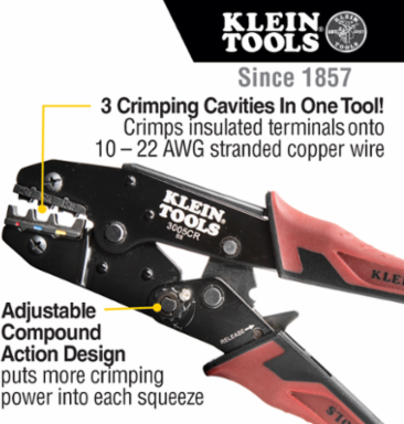Ratcheting Crimper for 10-22 AWG Insulated Terminals, 9 Inch Length, Steel