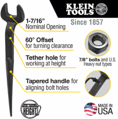 Tetherable Spud Wrench, 1-7/16 Inch Opening, 7/8 Inch Bolt Size