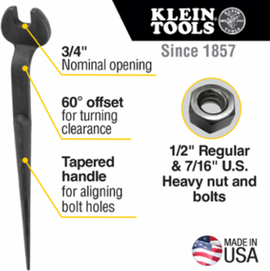 3/4 Inch Spud Wrench for 1/2 Inch Bolts, Alloy Steel, 14.75 Inch Length