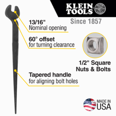 Heavy-Duty Spud Wrench, 13/16 Inch Nominal Opening, 1/2 Inch Bolt Size