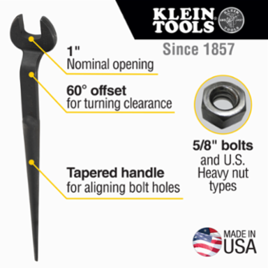 Spud Wrench 1 Inch Opening, 5/8 Inch Bolt, 14.75 Inch Length, Alloy Steel