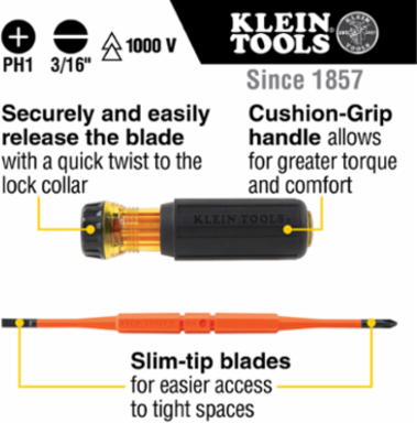 Insulated Flip-Blade Screwdriver 2-in-1 with #1 Phillips & 3/16 Inch Slotted End