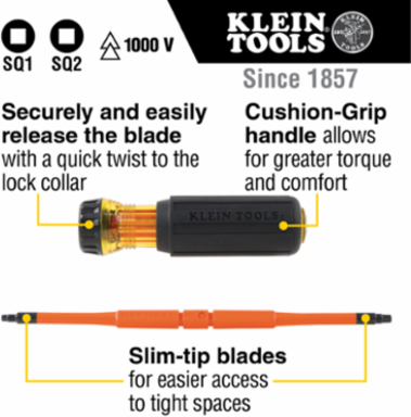 Insulated Flip-Blade Screwdriver, 2-in-1, Square #1 & #2 Bit, 3.5 Inch Shaft