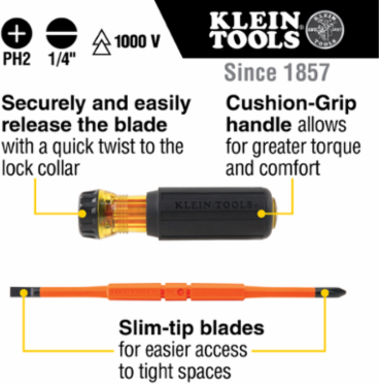 Insulated Flip-Blade Screwdriver 2-in-1, #2 Phillips & 1/4 Inch Slotted, 8.2 Inch Length