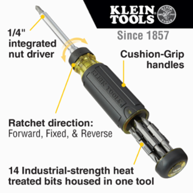 15-in-1 Ratcheting Screwdriver with Cushion Grip Handle, 8.71 Inch Length, 14 Bits