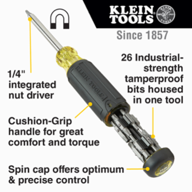 27-in-1 Magnetic Multi-Bit Tamperproof Screwdriver, 1/4 Inch Nut Driver, Cushion Grip