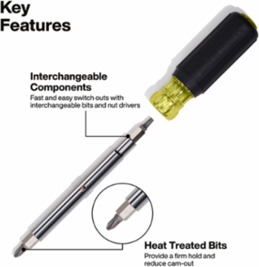 Multi-Bit Screwdriver 11-in-1 with Cushion Grip Handle, Nut Driver Sizes 3/8", 5/16", 1/4"